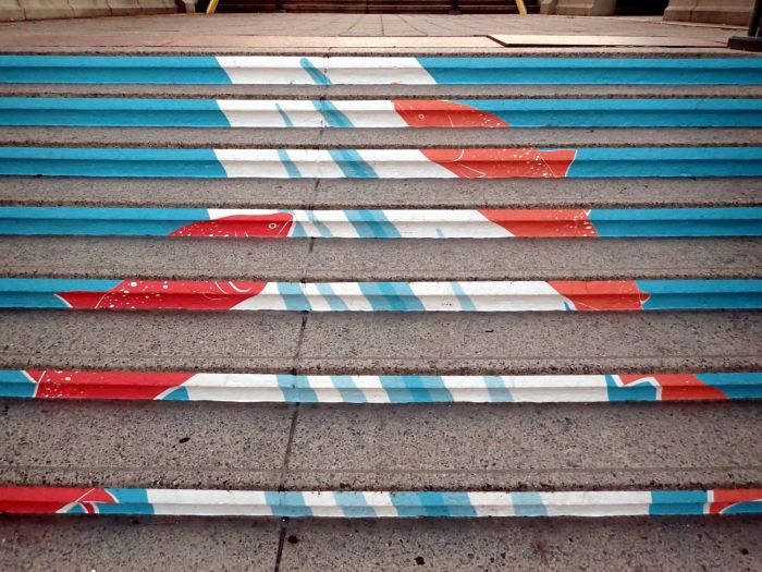 Closeup photo of fish mural on York Street steps.