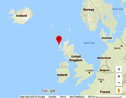 Google map showing Uig, Isle of Lewis, in relation to Norway, Iceland and Ireland.